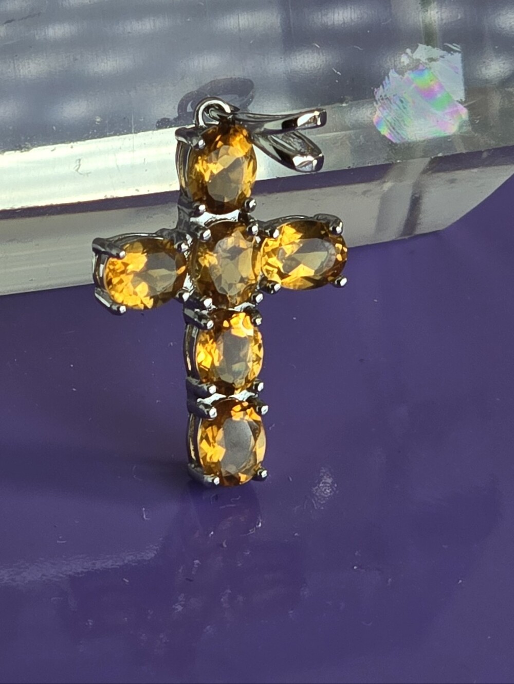 925 Sterling Silver Cross Pendant 12x20mm with Natural Citrine Gemstone